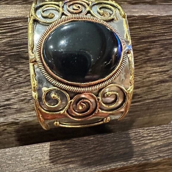 Artisan-Made Adjustable Black Onyx and Mixed Metals Cuff Bracelet - 2 Inches Wi - Picture 8 of 9